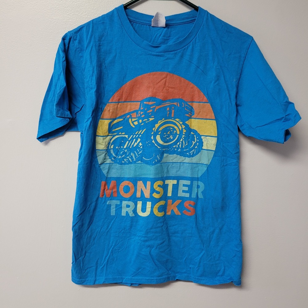 Blue Monster Trucks Graphic T Shirt Short Sleeve Crew Neck Kids Mens Size S
